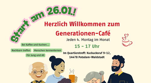 Grafik zum Start des Generationencafés am 26.01., mit gezeichneten Personen verschiedener Altersgruppen, Textangaben zu Ort und Zeit sowie Logos am unteren Rand.