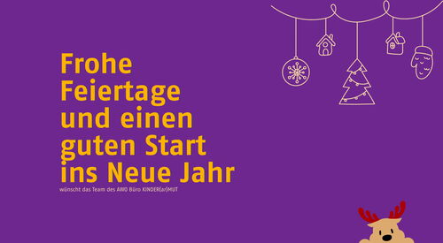 Lila Hintergrund mit weihnachtlichen Motiven. Gelber Text: "Frohe Feiertage und einen guten Rutsch ins neue Jahr. wünscht das Team des AWO Büro Kindermut.