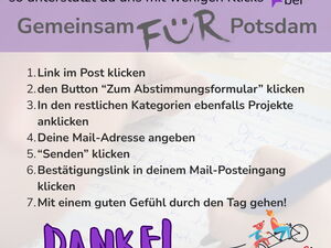 Eine Anleitung zur Abstimmung beim Förderwettbewerb „Gemeinsam FÜR Potsdam“ mit sechs nummerierten Schritten und einen fetten lila „DANKE!“ am Ende.