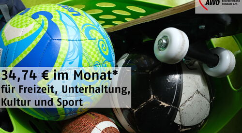 Ball, Football, Skateboard,  Text: 34,74 Euro im Monat (Hartz IV-Regelsatz für Jugendliche 15 - 17 Jahre) für Freizeit, Unterhaltung, Kultur und Sport