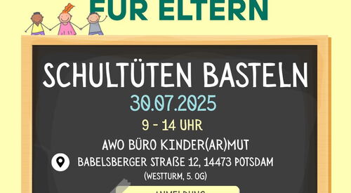 Plakat mit der Überschrift „Einladung für Eltern – Schultüten basteln“. Darunter stehen Datum, Uhrzeit und Ort der Veranstaltung. Unten sind bunte, selbstgebastelte Schultüten abgebildet.