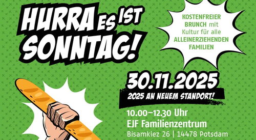 Flyer für einen kostenfreien Brunch. Auf dem Flyer steht „Hurra es ist Sonntag!“ mit einem Bild von einem Baguette.