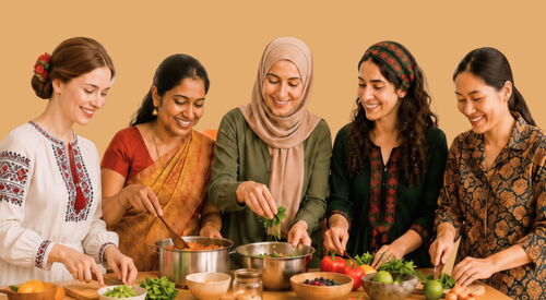 5 Frauen mit unterschiedlichen Hautfarben und Kleidung die gemeinsam Essen zubereiten.