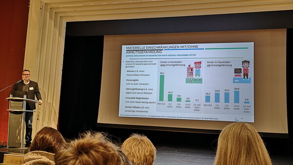 Beamerfolie mit Balkendiagramm und Texten auf weißem Hintergrund, links ein Redner am Pult, im Vordergrund Teilnehmende von hinten.