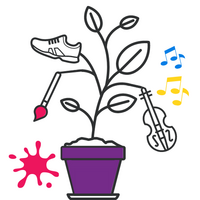 Grafik einer Topfpflanze mit violettem Blumentopf. An den Zweigen wachsen Symbole für Kreativität: ein Schuh, ein Pinsel, eine Geige und bunte Noten.