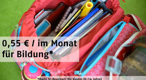Geöffnete Schultasche mit Schulmaterial. Text: 0,00 Euro im Monat (Hartz IV-Regelsatz für Kinder 6 - 14 Jahre Hinzu kommen 1mal jährlich 150 Euro am Schuljahresbeginn) für Bildung