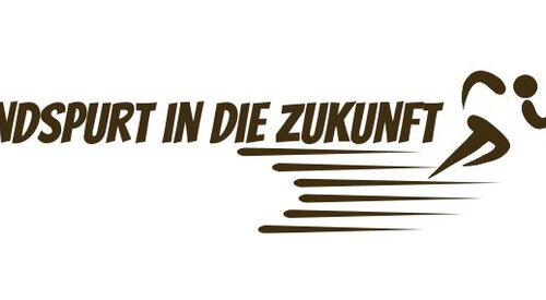 Logo mit dem Schriftzug „10 gewinnt – Endspurt in die Zukunft“ und einer stilisierten Figur die rennt auf weißem Hintergrund.