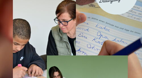 Collage, drei Bilder übereinander. Bildungsbegleitung, Menschen die beim Lernen unterstützen.