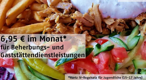 Dönerteller Text: 6,95 im Monat (Hartz IV-Regelsatz für jugendliche 15 bis 17 Jahre) für Beherbungs- und Gaststättenleistungen
