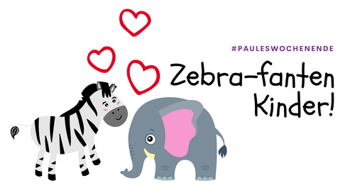Ein Bild mit einem Zebra und einem Elefanten mit der Aufschrift "Zebrafantenkinder"