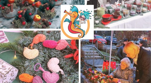 Collage: 4 Foto. Weihnachtsdeko, Weihnachtskerzen. In der Mitte das Wellenreiter Logo