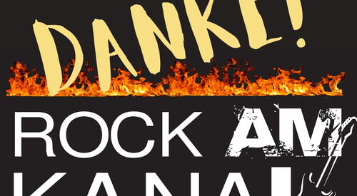 Logo: schwarz mit Flammen und rechts eine Gitarre. Text: Danke! Rock am Kanal