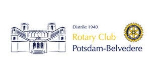 Logo mit stilisierter blauer Schlosszeichnung, rechts daneben Text „Rotary Club Potsdam-Belvedere“.