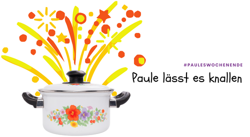 Ein bunter Topf, rechts die Aufschrift "Paule lässt es knallen"