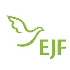 Grünes Logo mit der stilisierten Umrisszeichnung einer fliegenden Taube und den Buchstaben „EJF“ in Großschrift.