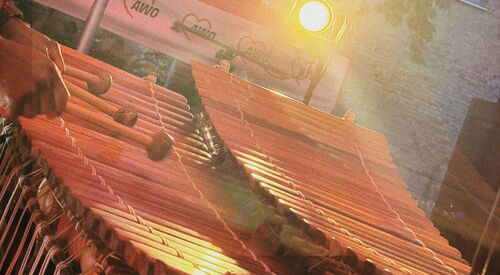 Schlag-Instrument aus Holz  oder Bambus. Eine Person musiziert.