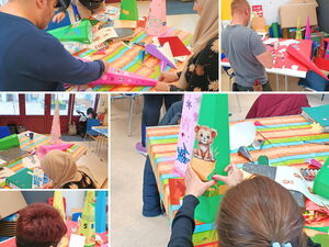 Collage: Kinder und Erwachsene beim Basteln von Schultüten