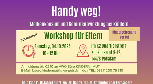 Grafisches Plakat zum Workshop „Handy weg! Mediennutzung und Selbstkontrolle im Fokus“ mit Datum, Uhrzeit und Ort. Unten gezeichnete Figuren mit Smartphone und Tablet.
