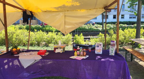 Stand im Freien mit Sonnensegel darüber. Tisch mit lila Tischdecke. Darauf Flyer, Limonade.