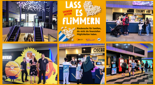 Collage: 5 Fotos aus dem Kino, Rolltreppen, Kinotheke, Getränkeautomaten und oben in er Mitte Popcorn und der Text: Lass es flimmern - Spendenaktion