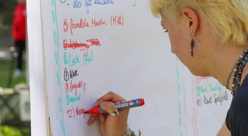 Eine Frau mit blonden kurzen Haaren schreibt mit roten Stift etwas an ein Flipchart. Die Frage: "Was macht den Schlaatz für Dich aus?" steht ganz oben.