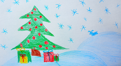 ein gemalter Tannenbaum mit Geschenken darunter