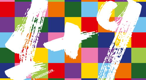 Farbige Quadrate als Hintergrund. In weißer Schrift: 1 + 9 | 1 Ziel. 9 Forderungen.