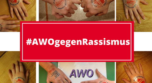 Bilder mit Händen mit der Aufschrift "AWO gegen Rassismus"