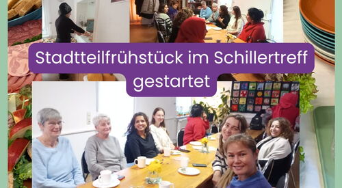 Collage: Mehrere Bilder übereinander. Im Hintergrund Nahrungsmittel zu Frühstück. Zwei Fotos mit Menschen am langen Tisch.