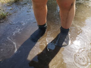Beine einer Person mit schwarzen Socken, die in einer flachen Pfütze steht.