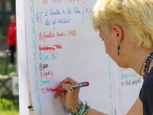 Eine Frau mit blonden kurzen Haaren schreibt mit roten Stift etwas an ein Flipchart. Die Frage: "Was macht den Schlaatz für Dich aus?" steht ganz oben.