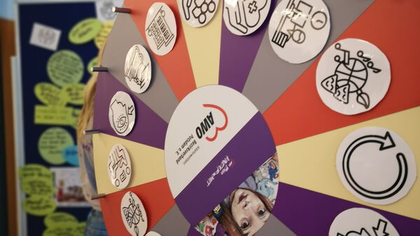 Großes, drehbares Rad mit farbigen Segmenten und Piktogrammen, vor einer Pinntafel.