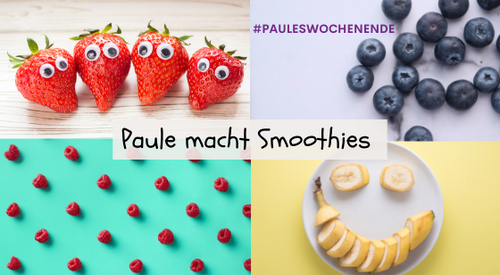 Collage: Erdbeeren   Blaubeeren    Himbeeren     eine Banane geschnitten und als Gesicht auf Teller gelegt.