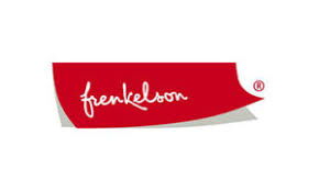 Rotes Logo mit weißer Schrift „frenkelson“ auf einer schräg geschnittenen Fläche.