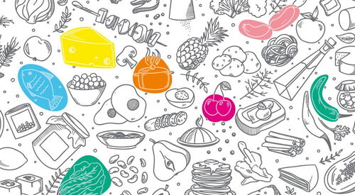 Bild mit vielen Lebendmitteln bunt durcheinander gewürfelt. Stück Käse, Fisch, Ananas, Kartoffeln, Äpfel, Marmeladenglas