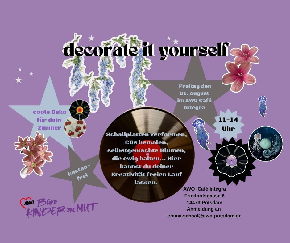 Lila Hintergrund. Darauf kreative Blüten, Sterne und eine Schallplatte in der Mitte.