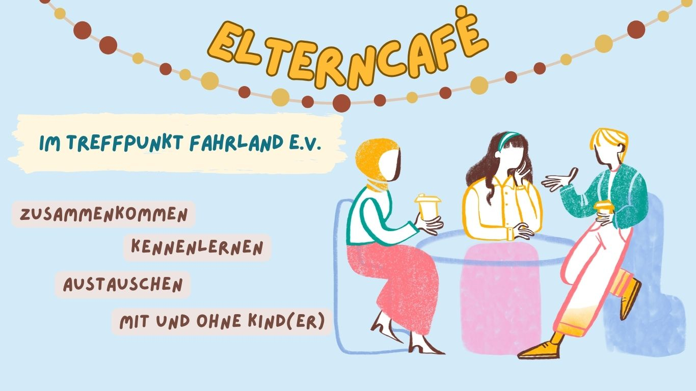 Rechts: Zeichnung, drei Personen an einem Tisch. Links Text