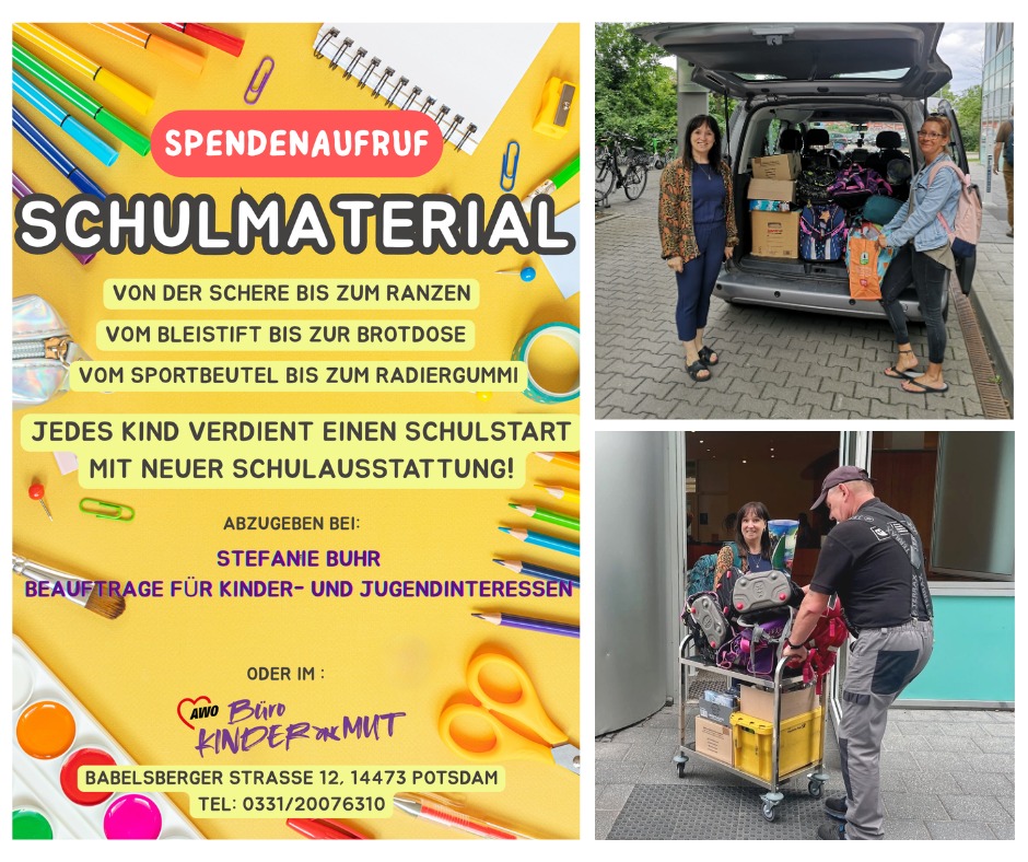 Collage: 3 Fotos: Links Plakat Spendenaufruf. rechts. voller Transporter, zwei Frauen am Heck und ein Mann und eine Frau schieben einen vollgepackten Rollwagen.