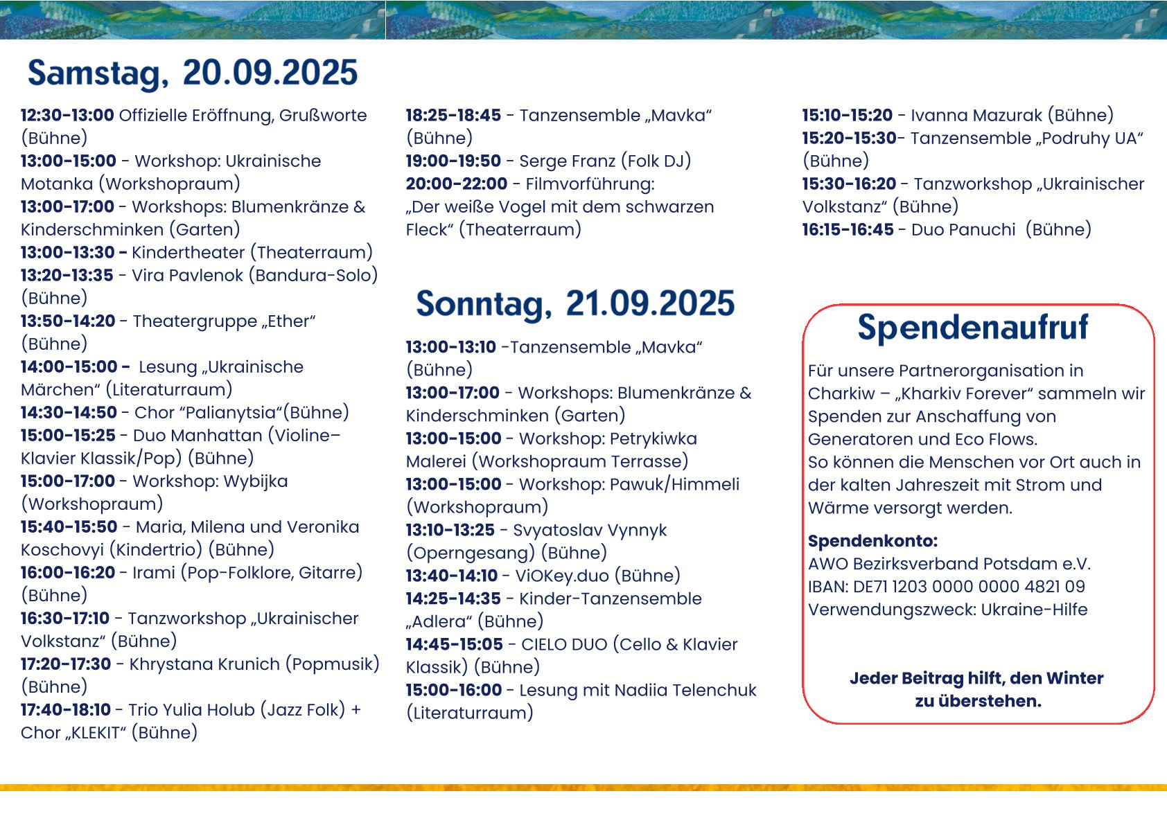 Programmübersicht der Ukrainischen Kulturtage 2025 mit Terminen und Uhrzeiten für Samstag und Sonntag in Spaltenlayout.