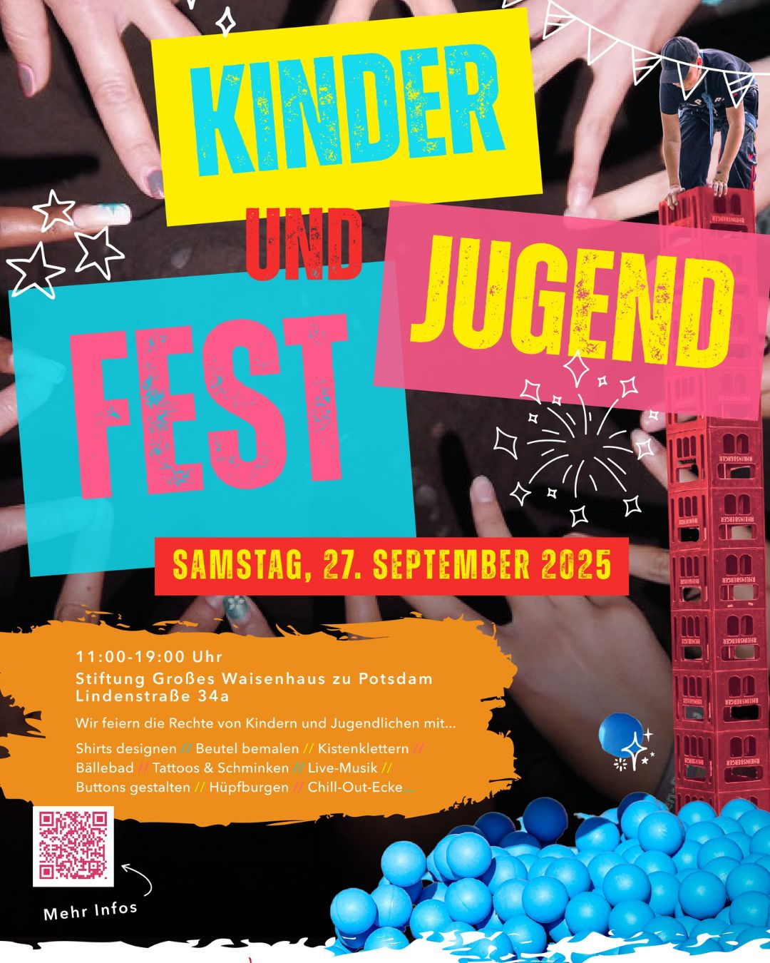 Bunt gestaltetes Plakat zum Kinder- und Jugendfest am 27. September 2025 mit Fotos spielender Kinder und großen Schriftzügen in Gelb, Pink und Türkis.
