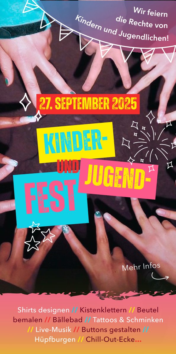 Schmaler, bunter Flyer zum Kinder- und Jugendfest am 27. September 2025. Mehrere Kinderhände formen Sterne. Darauf liegen farbige Schriftfelder.
